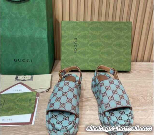 Hot Style Gucci GG Canvas Platform Sandals 5.5cm with Buckle Back Strap Light Blue 062206