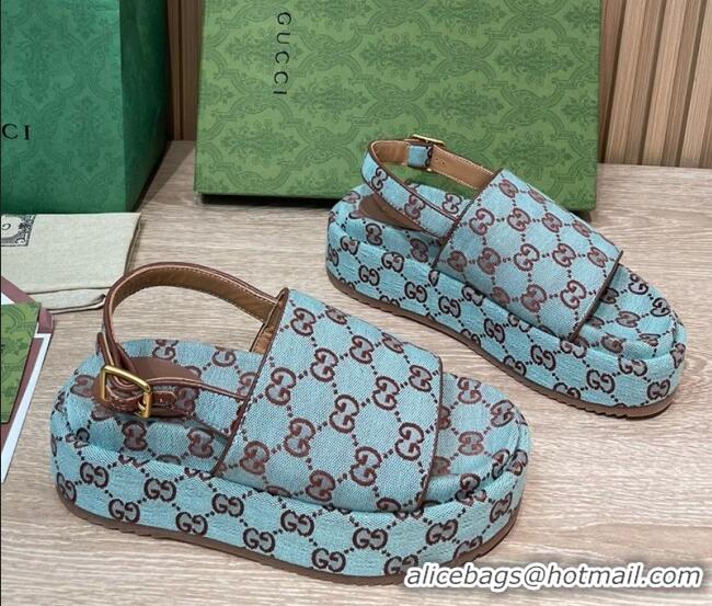 Hot Style Gucci GG Canvas Platform Sandals 5.5cm with Buckle Back Strap Light Blue 062206