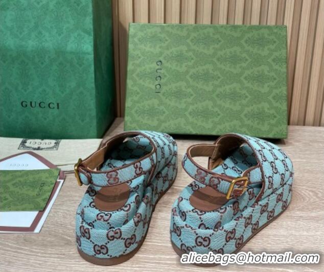 Hot Style Gucci GG Canvas Platform Sandals 5.5cm with Buckle Back Strap Light Blue 062206