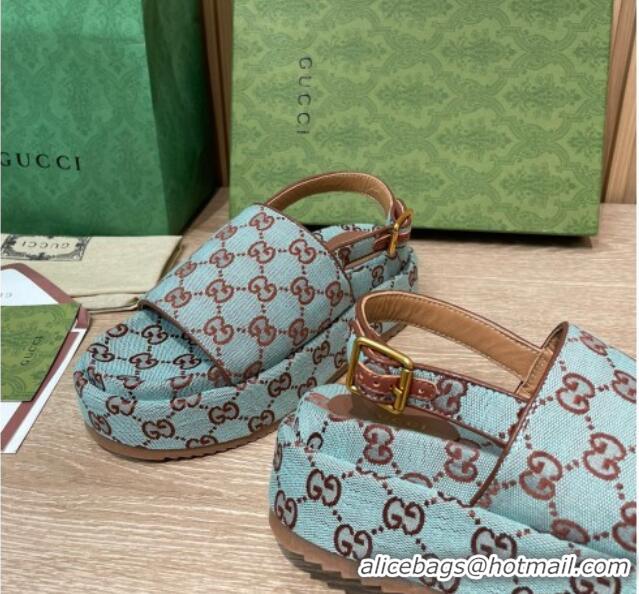 Hot Style Gucci GG Canvas Platform Sandals 5.5cm with Buckle Back Strap Light Blue 062206