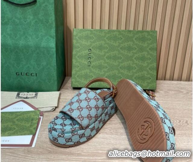 Hot Style Gucci GG Canvas Platform Sandals 5.5cm with Buckle Back Strap Light Blue 062206