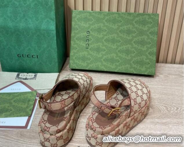 Grade Quality Gucci GG Canvas Platform Sandals 5.5cm with Buckle Back Strap Beige 062207