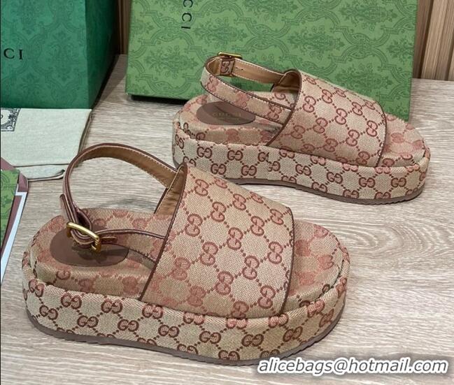 Grade Quality Gucci GG Canvas Platform Sandals 5.5cm with Buckle Back Strap Beige 062207