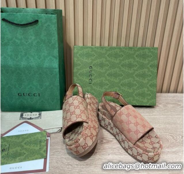 Grade Quality Gucci GG Canvas Platform Sandals 5.5cm with Buckle Back Strap Beige 062207