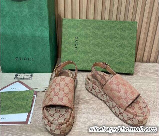 Grade Quality Gucci GG Canvas Platform Sandals 5.5cm with Buckle Back Strap Beige 062207