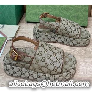 Fashion Gucci GG Canvas Platform Sandals 5.5cm with Buckle Back Strap Beige 062209