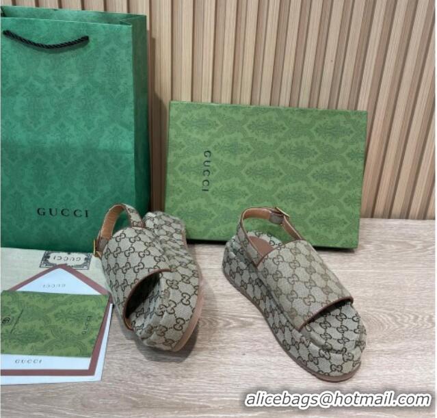 Fashion Gucci GG Canvas Platform Sandals 5.5cm with Buckle Back Strap Beige 062209