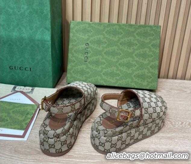 Fashion Gucci GG Canvas Platform Sandals 5.5cm with Buckle Back Strap Beige 062209