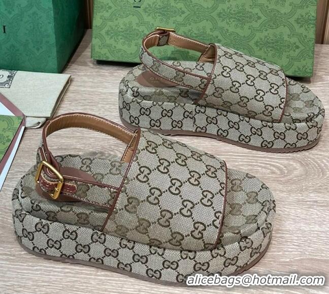 Fashion Gucci GG Canvas Platform Sandals 5.5cm with Buckle Back Strap Beige 062209