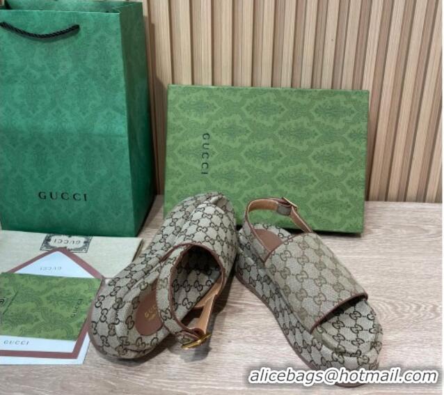 Fashion Gucci GG Canvas Platform Sandals 5.5cm with Buckle Back Strap Beige 062209