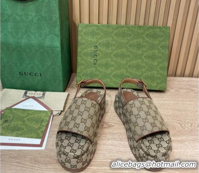 Fashion Gucci GG Canvas Platform Sandals 5.5cm with Buckle Back Strap Beige 062209