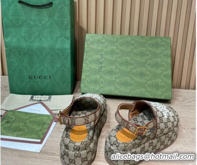 Feminine Gucci GG Canvas Platform Sandals 5.5cm with Buckle Back Strap Beige 062211