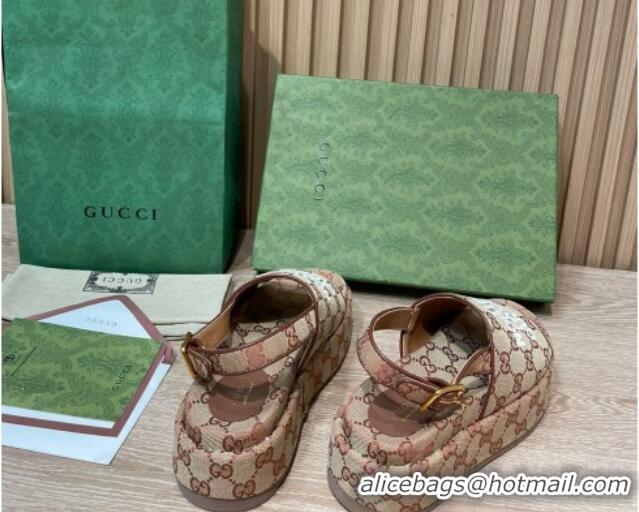 Stylish Gucci GG Canvas Platform Sandals 5.5cm with Buckle Back Strap Brown 062211