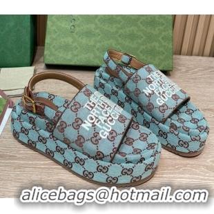 Duplicate Gucci GG Canvas Platform Sandals 5.5cm with Buckle Back Strap Light Blue 062213