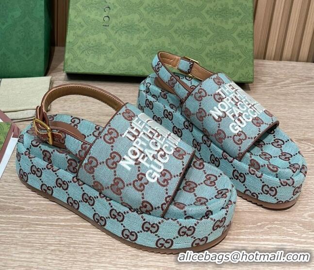 Duplicate Gucci GG Canvas Platform Sandals 5.5cm with Buckle Back Strap Light Blue 062213