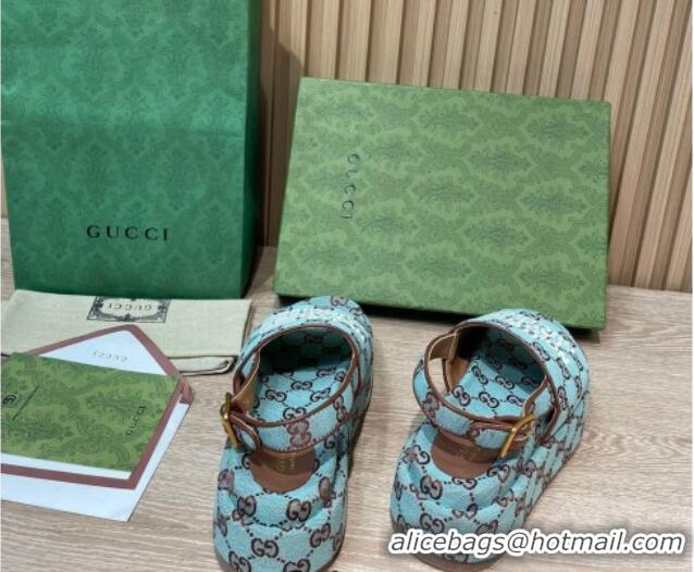 Duplicate Gucci GG Canvas Platform Sandals 5.5cm with Buckle Back Strap Light Blue 062213