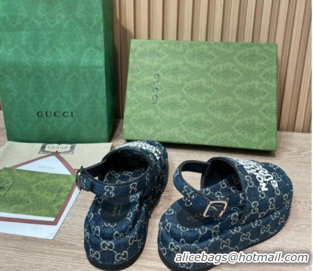 Hot Style Gucci GG Denim Platform Sandals 5.5cm with Buckle Back Strap Blue 062218