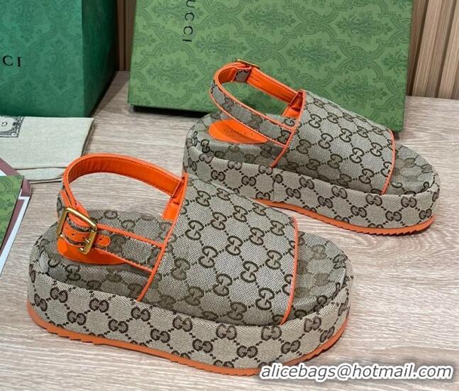 Stylish Gucci GG Canvas Platform Sandals 5.5cm with Buckle Back Strap Beige/Orange 062220