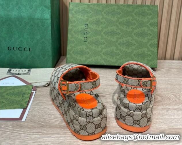 Stylish Gucci GG Canvas Platform Sandals 5.5cm with Buckle Back Strap Beige/Orange 062220