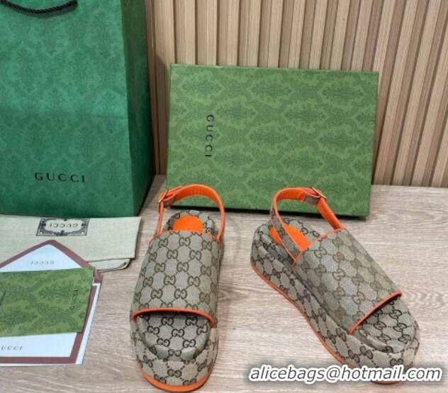 Stylish Gucci GG Canvas Platform Sandals 5.5cm with Buckle Back Strap Beige/Orange 062220