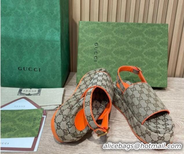 Stylish Gucci GG Canvas Platform Sandals 5.5cm with Buckle Back Strap Beige/Orange 062220