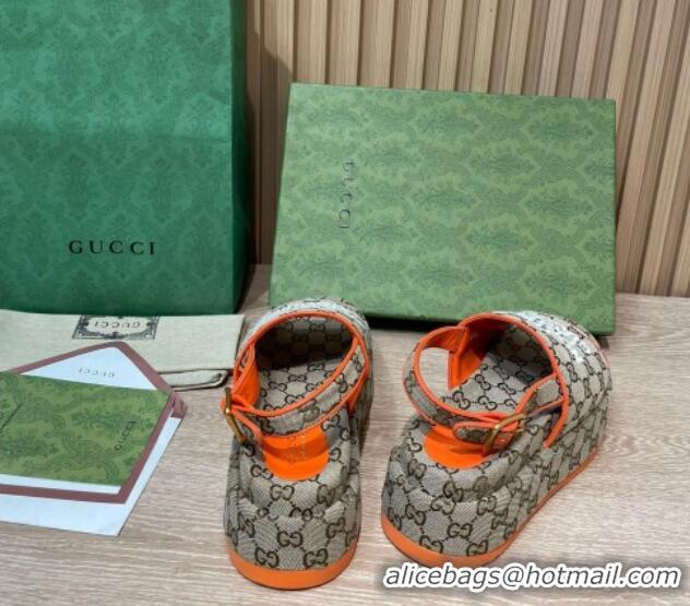 Good Quality Gucci GG Canvas Platform Sandals 5.5cm with Buckle Back Strap Beige/Orange 062221