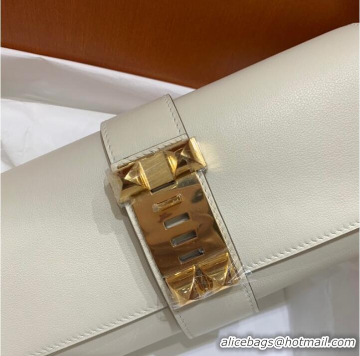 Top Grade Hermes H Medor swift Leather Clutch 37566 white&Gold hardware