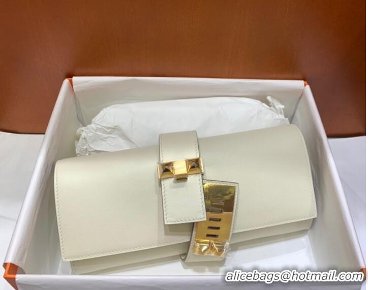 Top Grade Hermes H Medor swift Leather Clutch 37566 white&Gold hardware