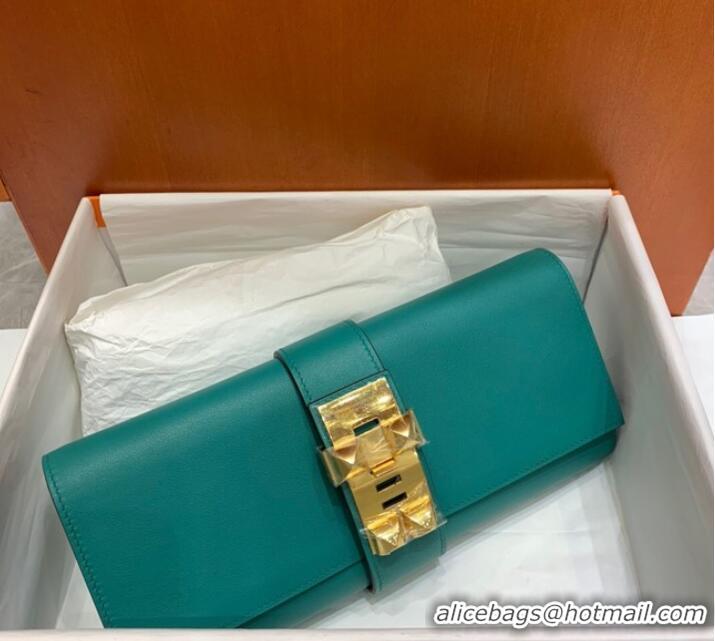 Classic Hermes H Medor swift Leather Clutch 37566 Lake green&Gold hardware