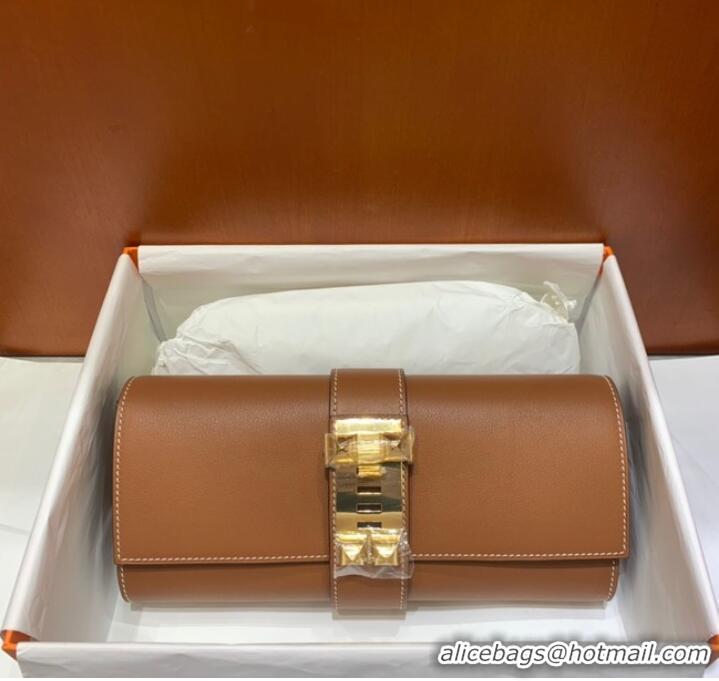 Super Quality Hermes H Medor swift Leather Clutch 37566 brown&gold hardware