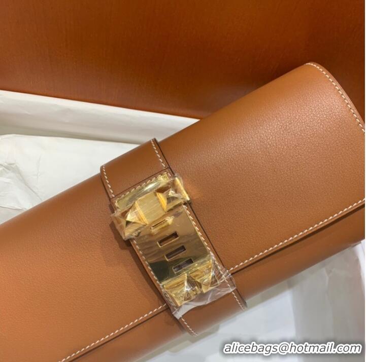 Super Quality Hermes H Medor swift Leather Clutch 37566 brown&gold hardware