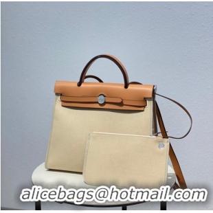 Popular Style Hermes Herbag 31CM Original Canvas Leather & Calfskin 48887 Offwhite&Camel