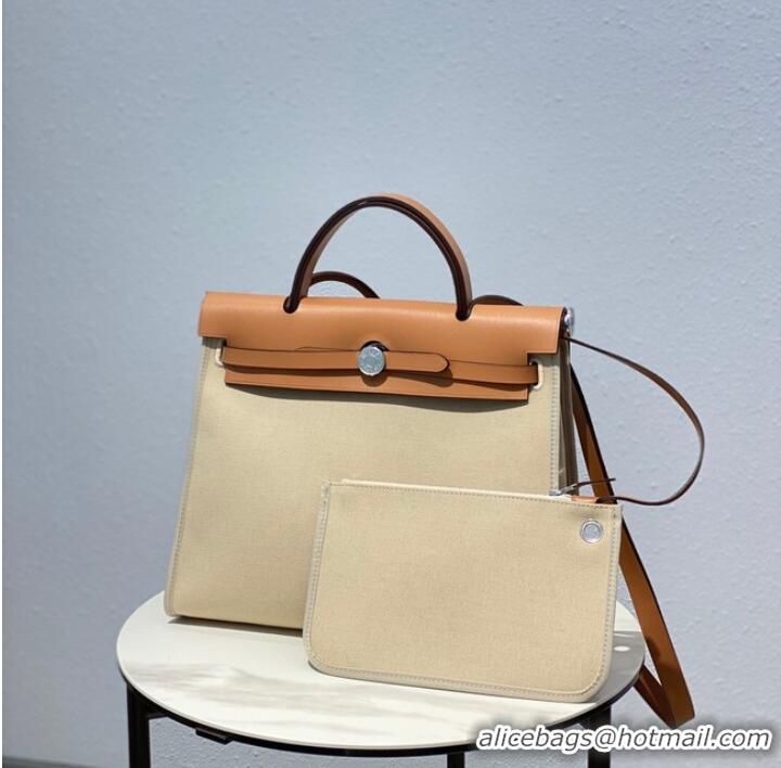 Popular Style Hermes Herbag 31CM Original Canvas Leather & Calfskin 48887 Offwhite&Camel