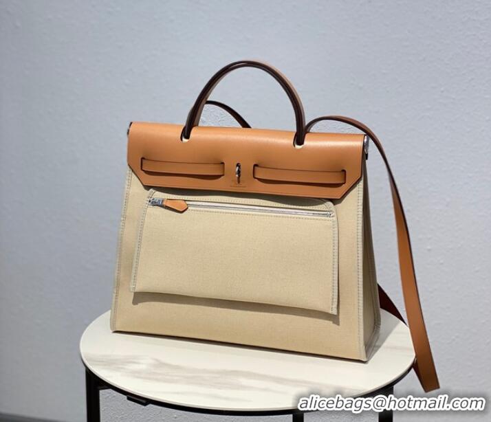 Popular Style Hermes Herbag 31CM Original Canvas Leather & Calfskin 48887 Offwhite&Camel