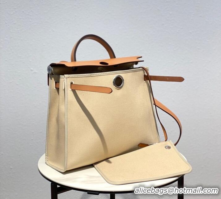 Popular Style Hermes Herbag 31CM Original Canvas Leather & Calfskin 48887 Offwhite&Camel