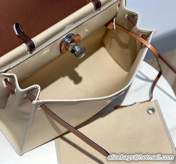 Popular Style Hermes Herbag 31CM Original Canvas Leather & Calfskin 48887 Offwhite&Camel