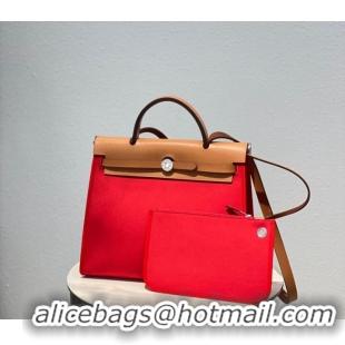 Famous Brand Hermes Herbag 31CM Original Canvas Leather & Calfskin 48887 red&brown