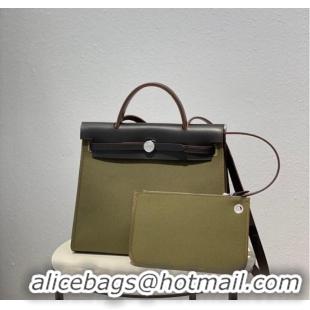 Affordable Price Hermes Herbag 31CM Original Canvas Leather & Calfskin 48887 green&brown