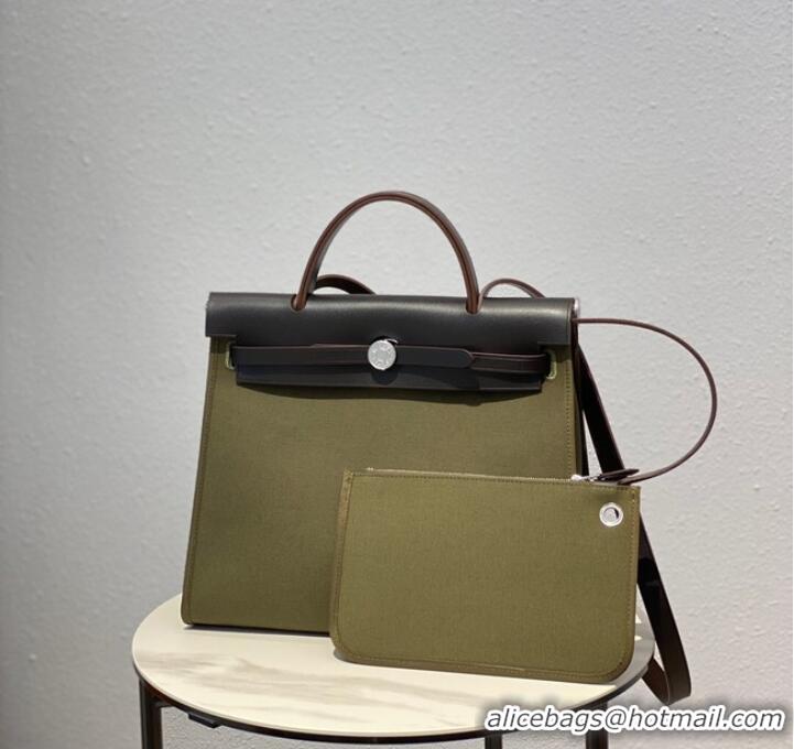 Affordable Price Hermes Herbag 31CM Original Canvas Leather & Calfskin 48887 green&brown