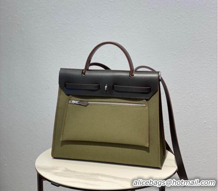 Affordable Price Hermes Herbag 31CM Original Canvas Leather & Calfskin 48887 green&brown