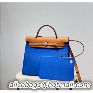 Classic Grade Hermes Herbag 31CM Original Canvas Leather & Calfskin 48887 blue&brown