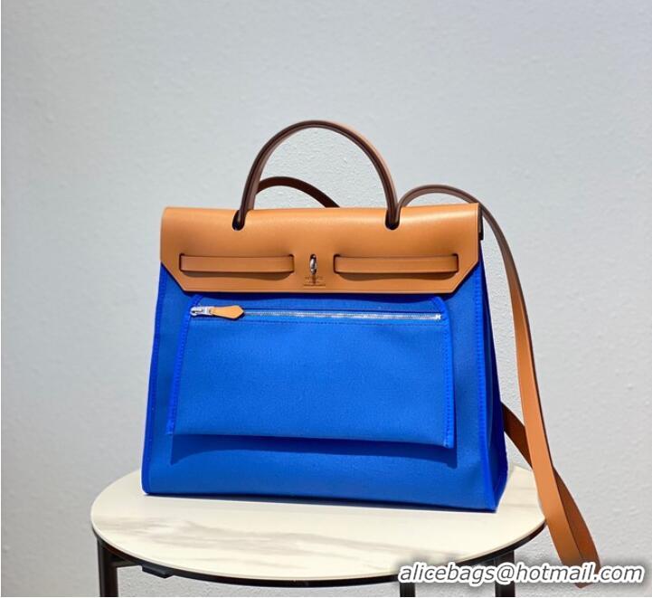 Classic Grade Hermes Herbag 31CM Original Canvas Leather & Calfskin 48887 blue&brown