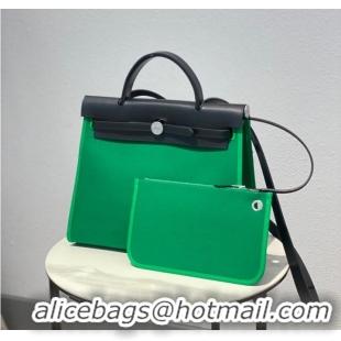 Good Taste Hermes Herbag 31CM Original Canvas Leather & Calfskin 48887 green&black