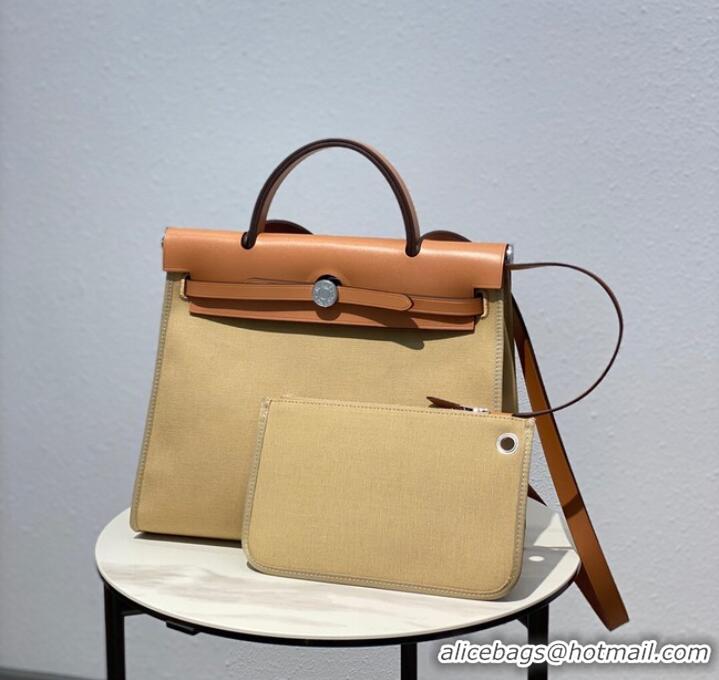 Top Design Hermes Herbag 31CM Original Canvas Leather & Calfskin 48887 Cream&brown