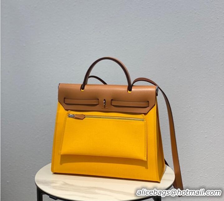 Promotional Hermes Herbag 31CM Original Canvas Leather & Calfskin 48887 light yellow&brown