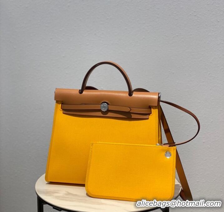 Promotional Hermes Herbag 31CM Original Canvas Leather & Calfskin 48887 light yellow&brown