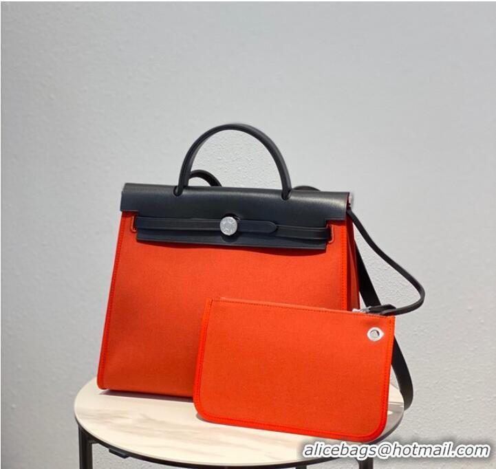 Famous Brand Hermes Herbag 31CM Original Canvas Leather & Calfskin 48887 orange&black