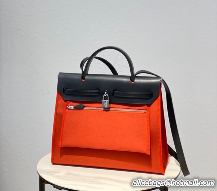 Famous Brand Hermes Herbag 31CM Original Canvas Leather & Calfskin 48887 orange&black