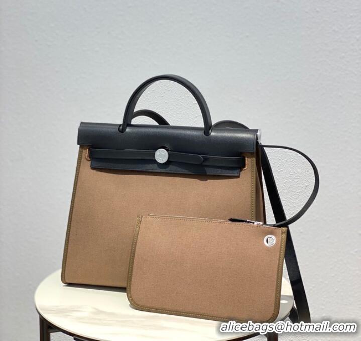 Top Quality Hermes Herbag 31CM Original Canvas Leather & Calfskin 48887 Cream&black