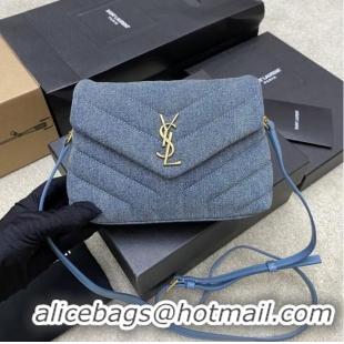 Famous Brand SAINT LAURENT PUFFER SMALL CHAIN BAG IN DENIM AND SMOOTH LEATHER 392255 BLUE